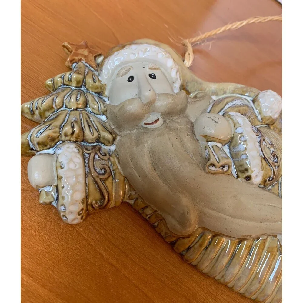 Santa Claus Ceramic Wall Hanging Tan and White W/ Twine Hanger